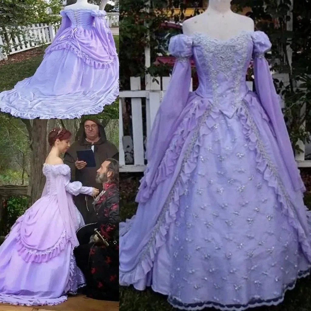 

Princess Lilac Prom Dresses Off The Shoulder Long Sleeves Lace-Up Corset Vintage Renaissance Costume Holloween Dress Customized