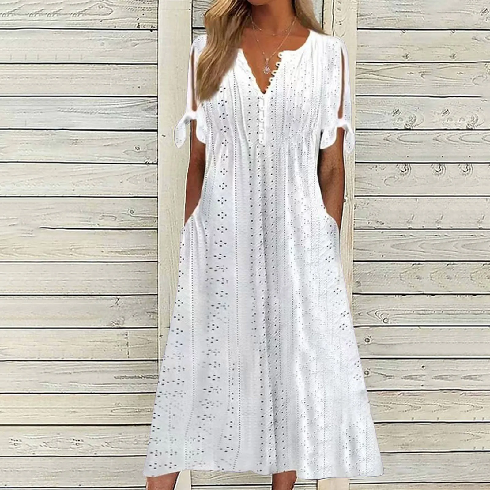 

Elegant Women's Casual Pleated Maxi Dress Short Sleeve Lace Up Hollow Out V-Neck Long Dresses Holiday Vacation Solid Color Dress