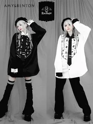 Japanese Style Harajuku Black and White Mine Cartoon Print Tie Long-sleeved Lolita Shirt Subculture Goth Oversized Blouse Women