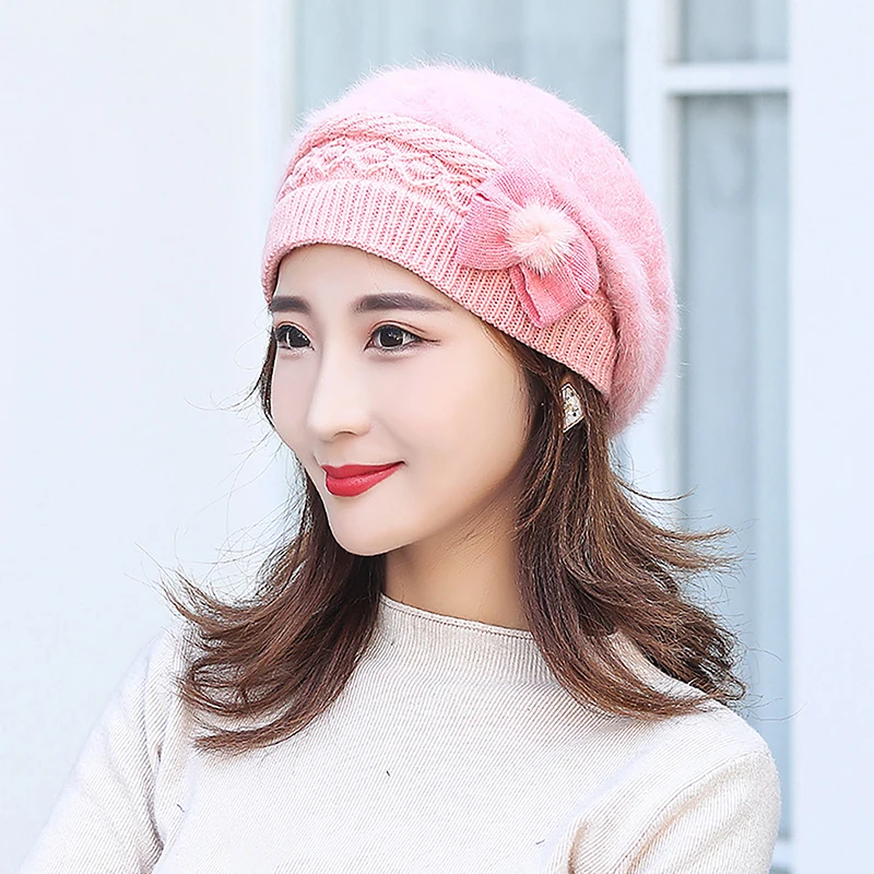 Women's Winter Hats Cotton Cap Slouch Baggy Warm Soft Knit Crochet Female Hat Elegant Fashion Flower Hats