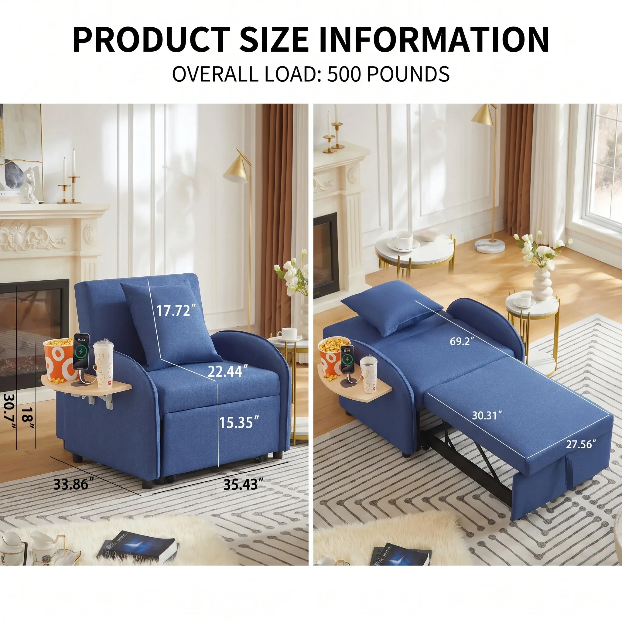 34.40-Inch Sofa Bed That Can Be Converted Equipped With Adjustable Backrest Folding Table And USB Interface Suitable For Living Rooms Bedrooms Apartments And Other Spaces