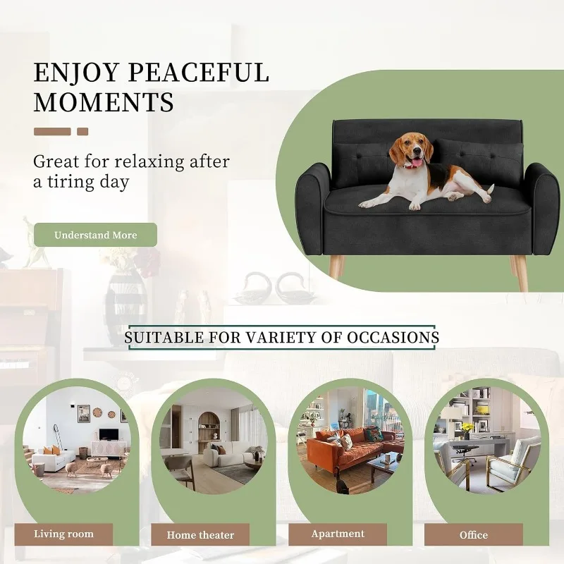 Sofá pequeno e moderno de 47 ", tecido de linho de meados do século, sofá de 2 lugares, assento de amor tufado com almofadas traseiras e cônico