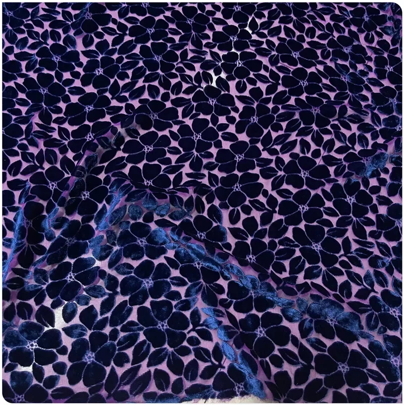 Magenta Blue Floral Hollow Silk Velvet Mulberry Silk Cotton Velvet Fabric for Dresses, Qipao, Shirts, and Short Sleeves