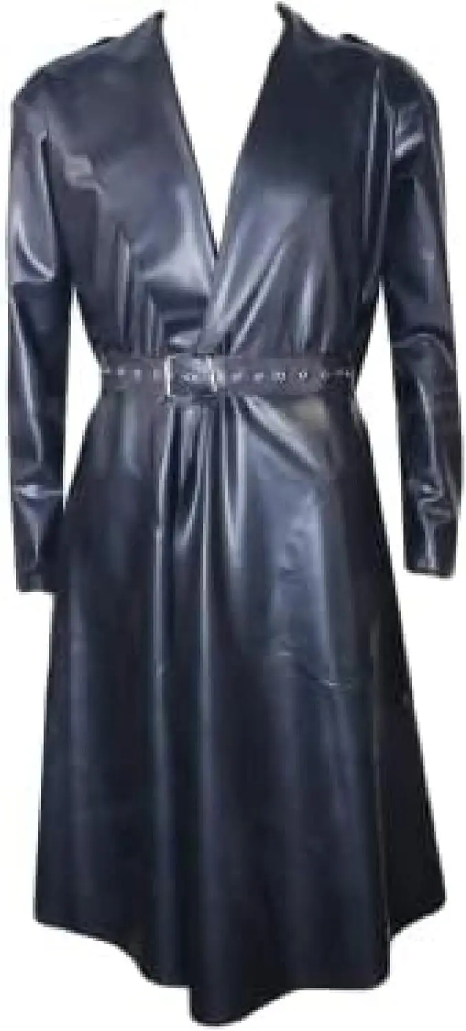 

Black Sexy Latex Trench Coats with Belts Pockets Rubber Jacket