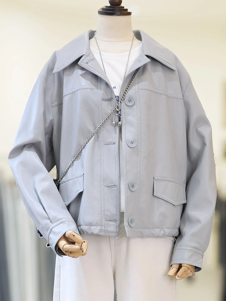 Zaw معطف نسائي كبير الحجم من الجلد Bla Jaet ربيعي جديد فضفاض أمريكي Sle للدراجات النارية من البولي يوريثان طويل بياقة قلابة