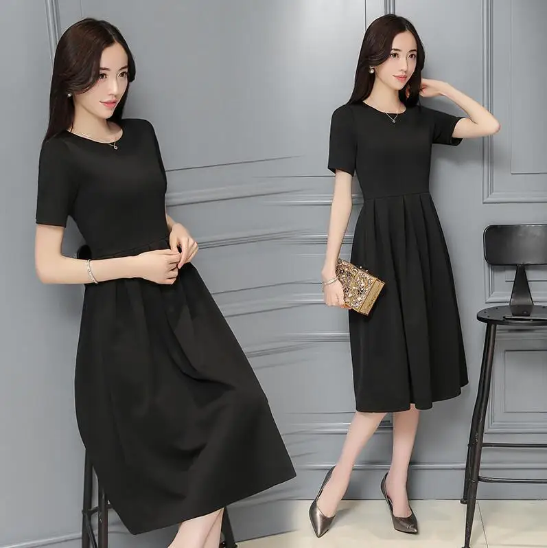 

Same French Retro Hepburn Style Summer New Short Sleeve Little Black Long Slimming Puff Dress For Women