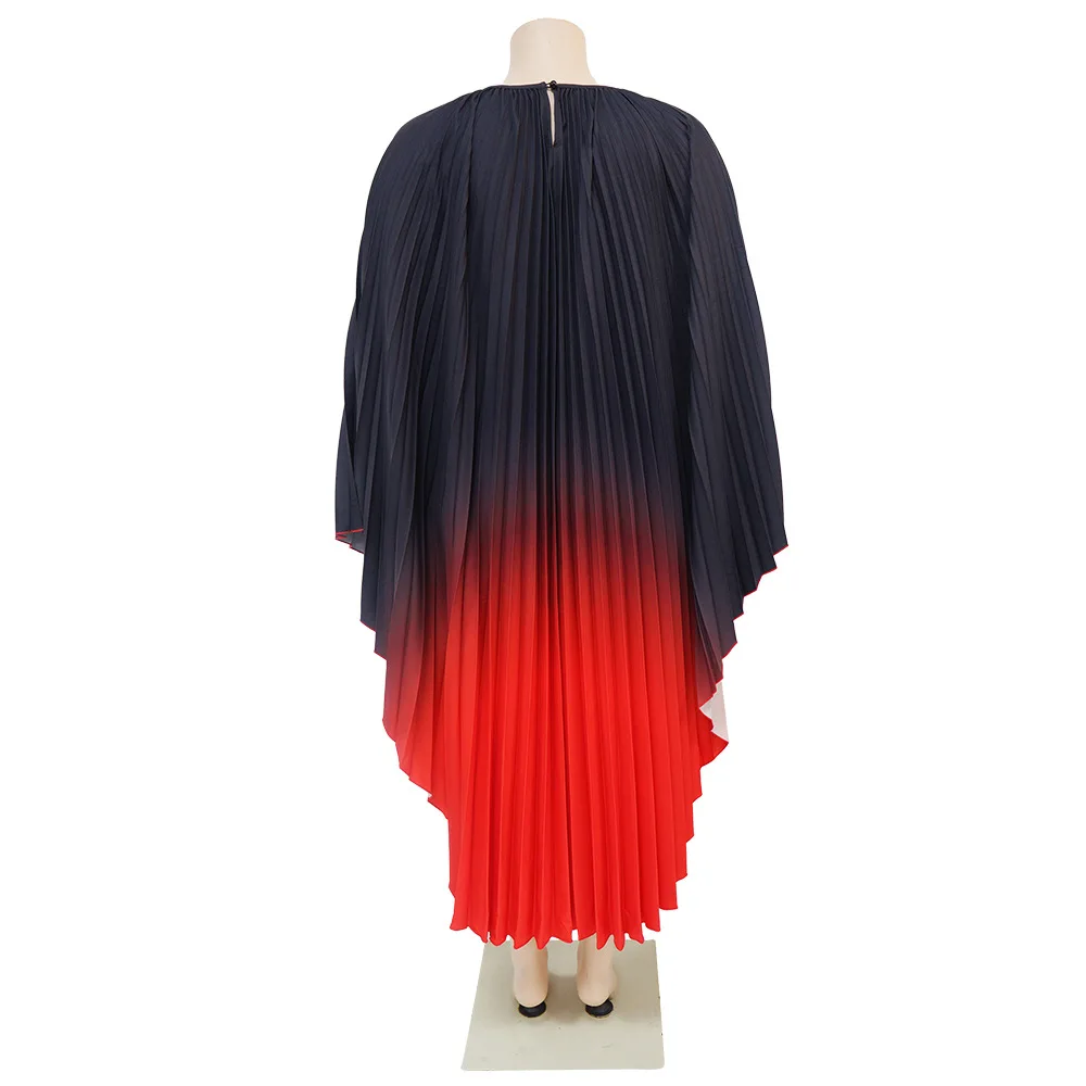 Fashion Gradient Pleated Dress For Women O-neck Long Batwing Sleeve A-line Dresses Female Clothing 2024 Spring