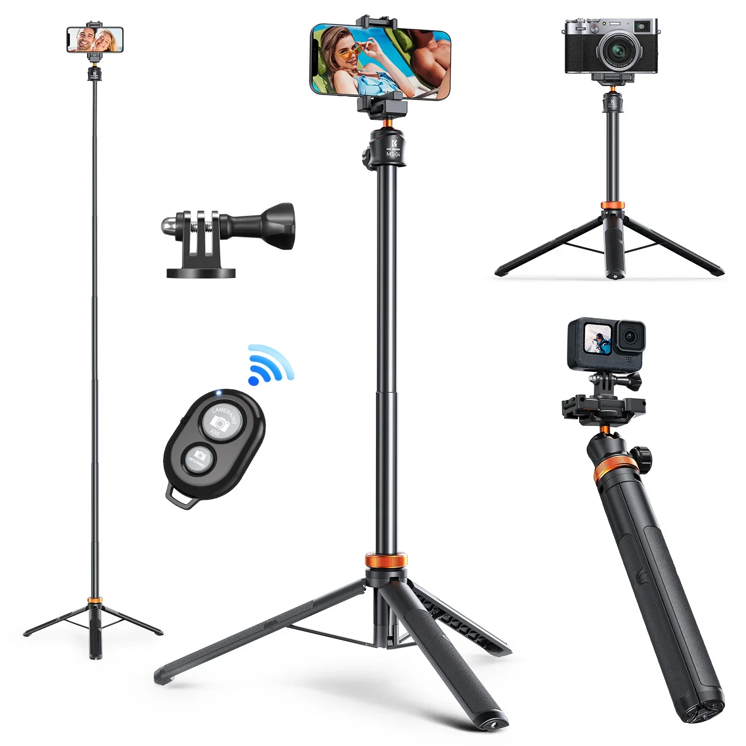 K&F CONCEPT MS08 62''/1.58m Telefoonstatief Selfie Stick Zwart en Oranje Met Bluetooth Afstandsbediening + Gopro Adapter