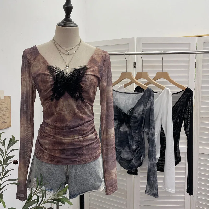 Y2k Aesthetic Vintage Butterfly Gauze T-shirt 2025 Streetwear Tie-dye Fairy Tshirts Women Harajuku Grunge Slim Fit Pleated Tops