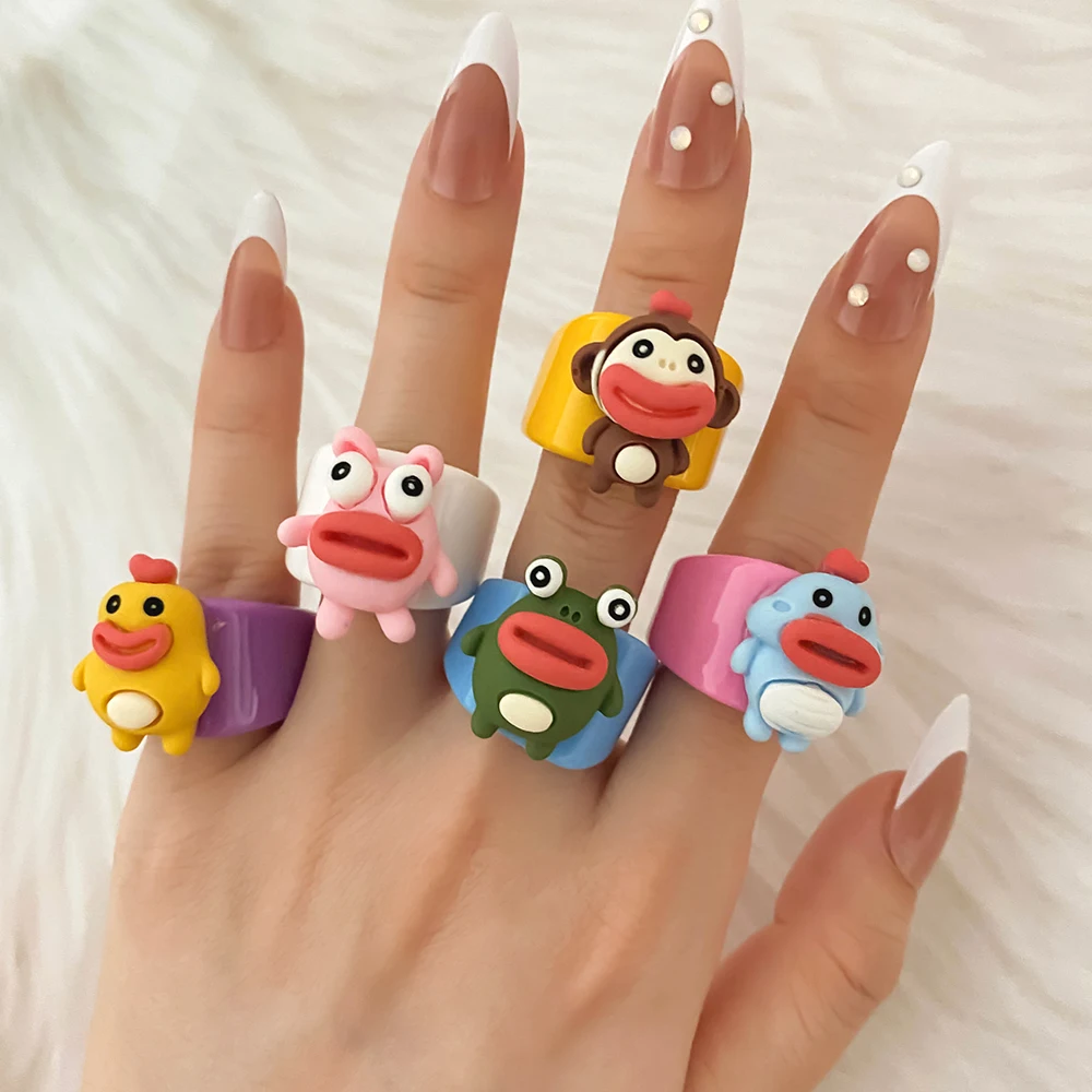 IPARAM Colorful Plastic Ring for Women Men Cute Big Mouth Cartoon Chick Monkey Frog Rabbit Open Rings Fashion Jewelry Party Gift