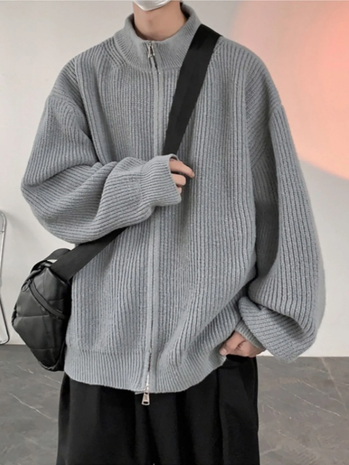 

Zippered Open Cardigan Sweater Men's Spring Autumn Loose Knitted irt American Retro Stand Collar Lazy Sle Long Sve Top