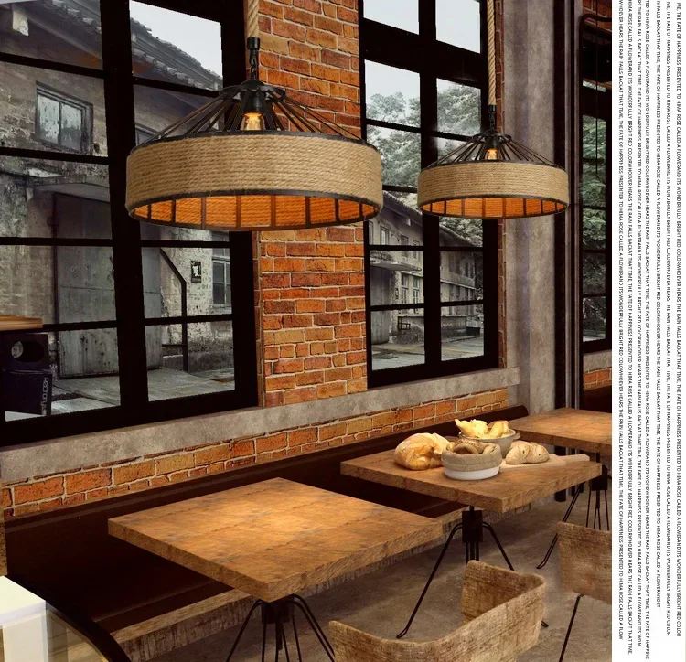 Amerykański Retro Lina Konopna Żelazo Art Lustre Lampa Wisząca Żyrandol Czarna Podstawa Kawiarnia Restauracja Przemysłowy Kreatywny Wystrój Pokoju