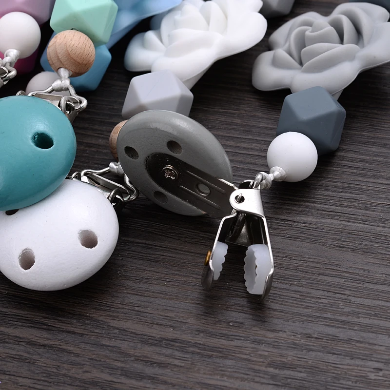 Baby Pacifier Chain Silicone Teether Pacifier Clips Wood Beads Infant Nipple Appease Soother Chain Clip Dummy Holder Nipple Clip