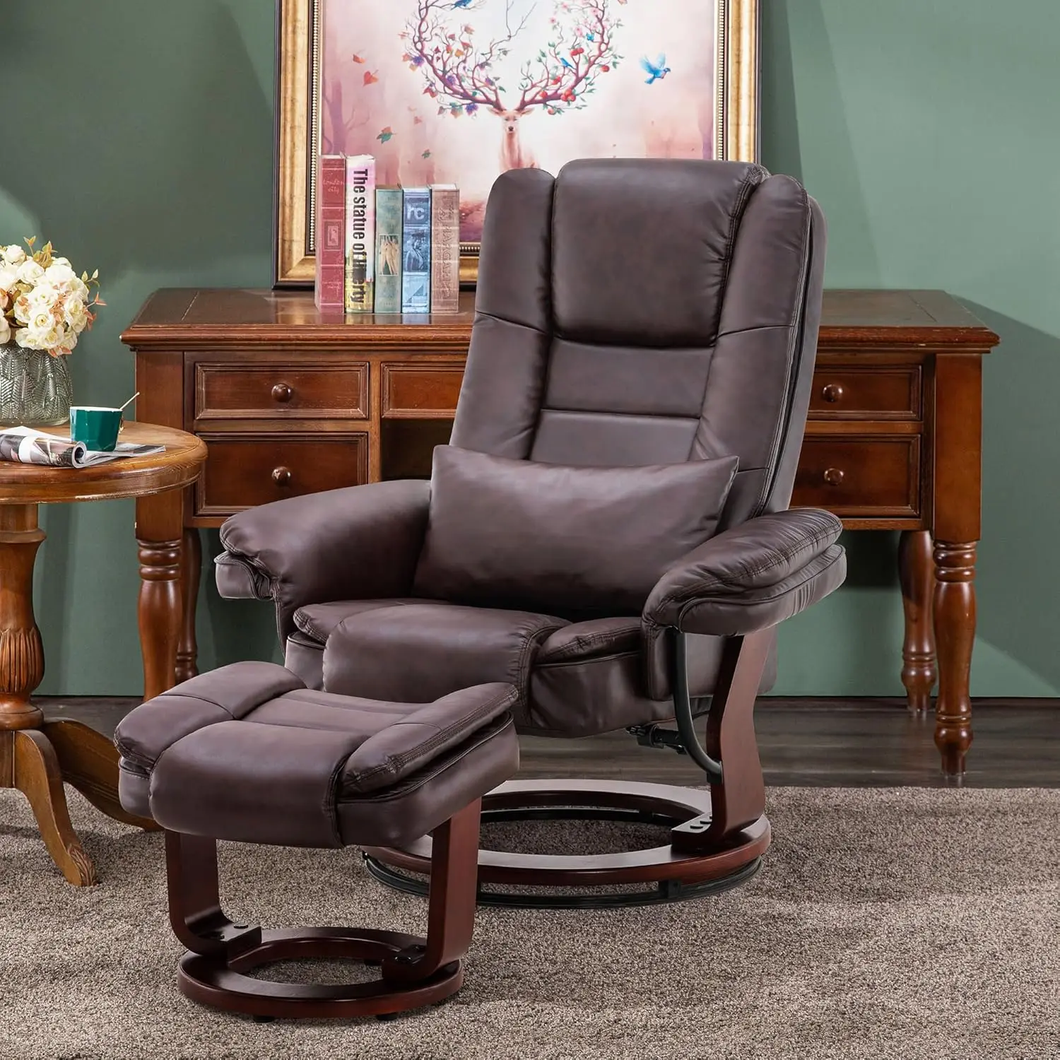 Swivel Recliner with Ottoman Chair, TV Chair Sets with Vibration Massage, for Small Space Living Room Bedroom Dark Brown