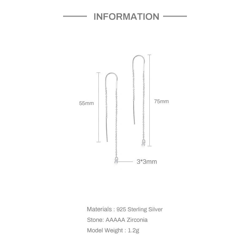 925 Sterling Silver Trend Long Wire Tassel Chain Bling Zircon Pendants Drop Earrings Women's Hanging Earings Jewelry 2pc