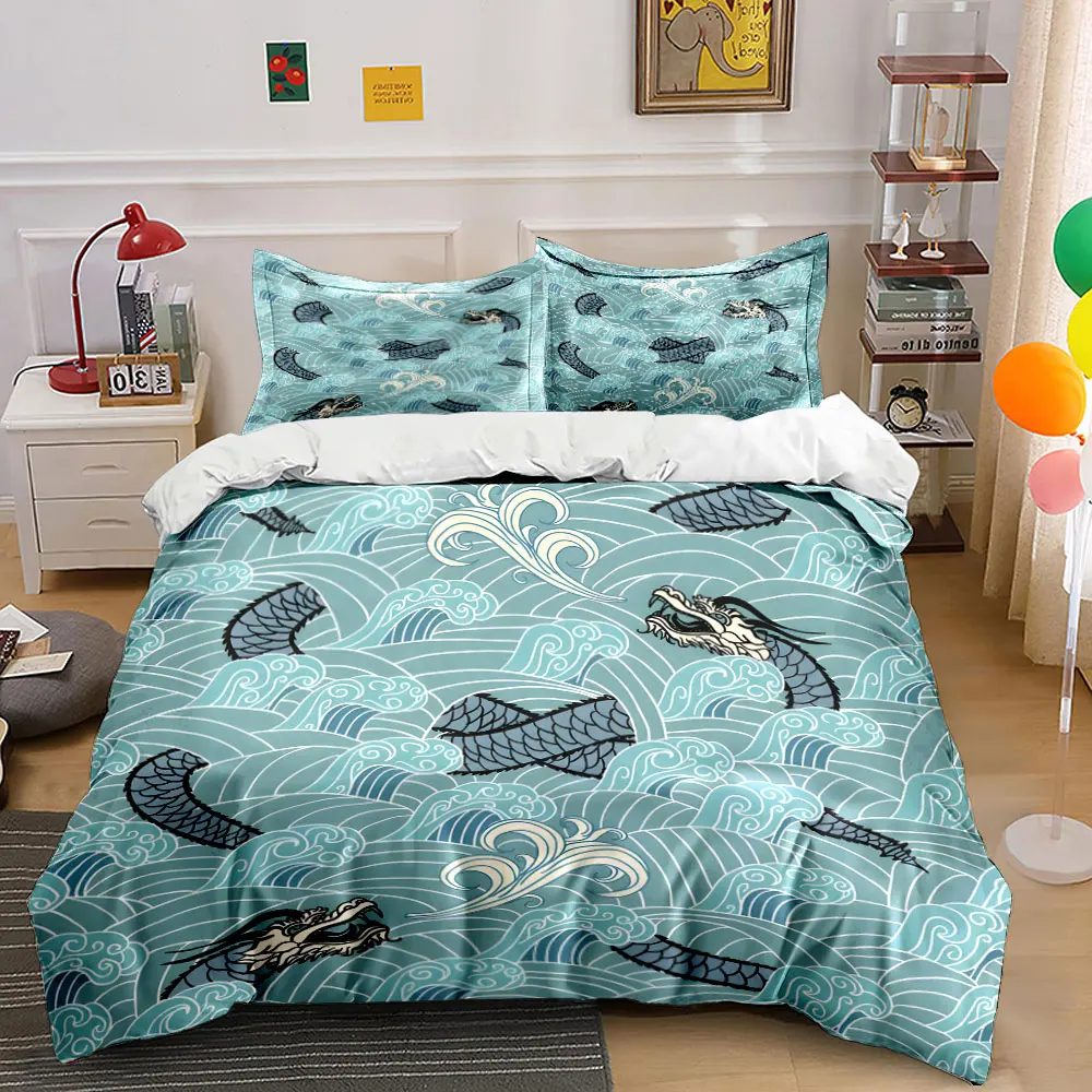 Dragon and Waves Artistic Pattern Print Bedding Set 1 Duvet Cover 2 Pillowcases for Adult and Children Luxury Gift Full Size