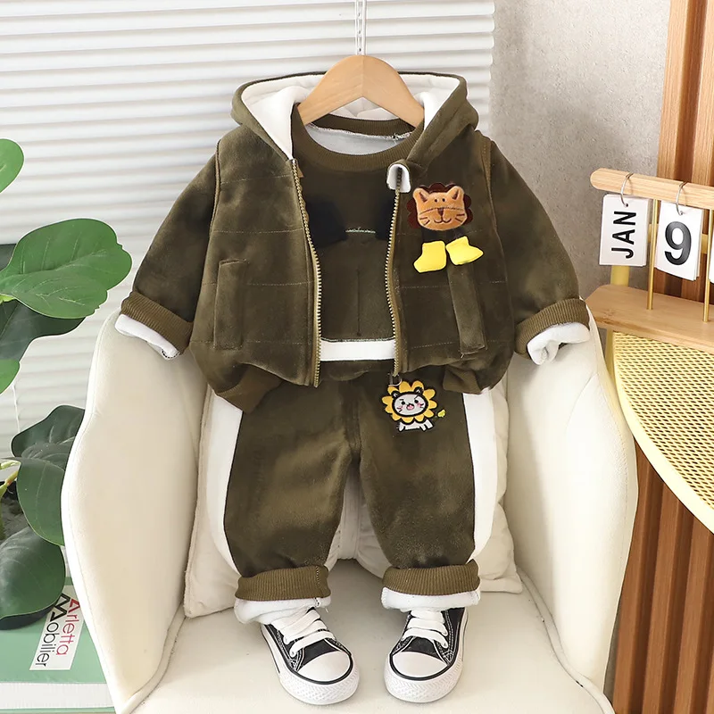 Baby Boys Clothes Sets Autumn Winter Thick Fleece Cartoon Hooded Vest Coat Pants 3Pcs Kids Casual Outfits Girls Warm Suit 0-4Y