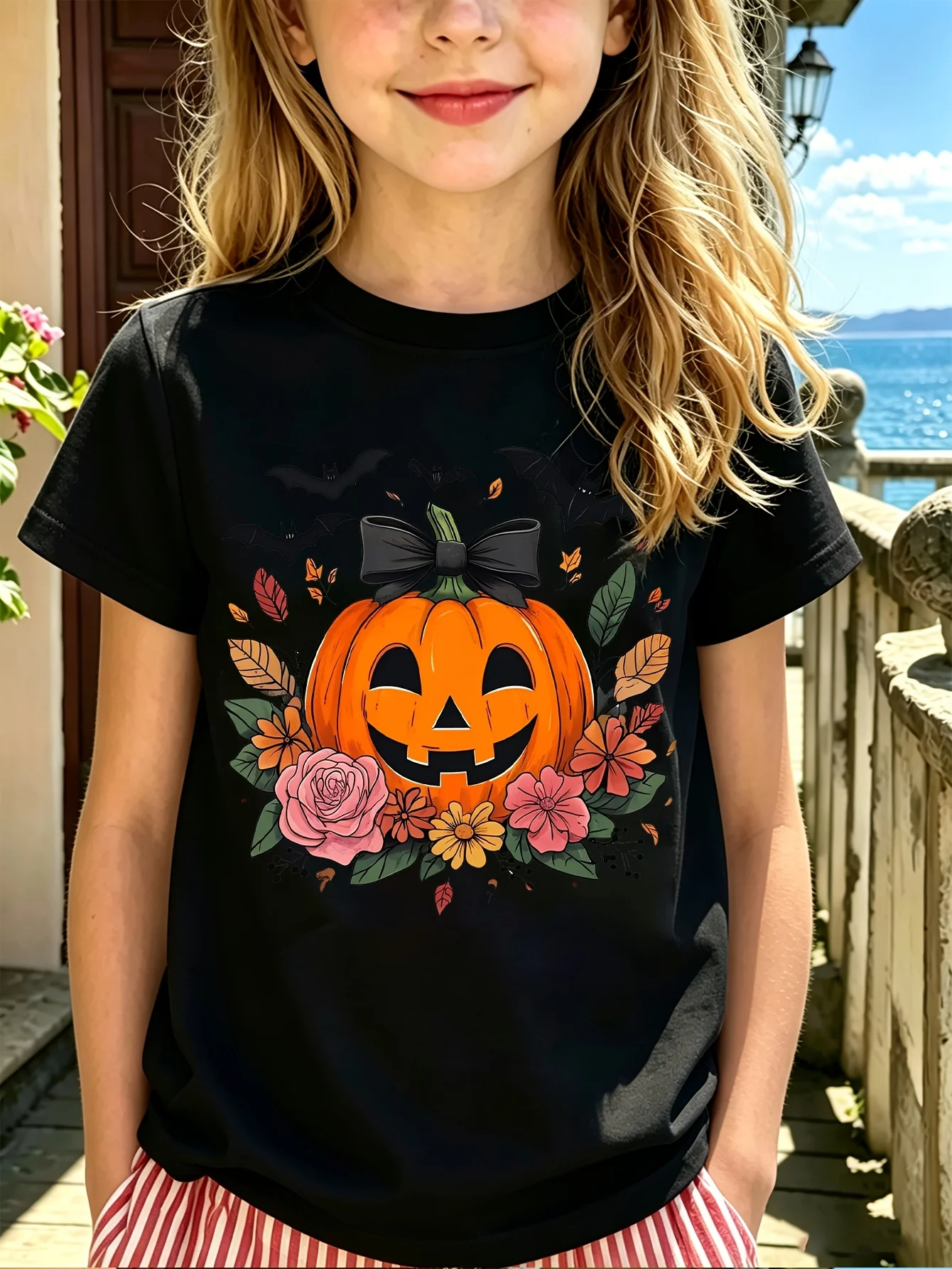 Kids Floral Bow Pumpkin Face Print T Shirt Short Sleeve Halloween Bat Autumn Leaf Graphic Tees Casual Tops For Boys And Girls