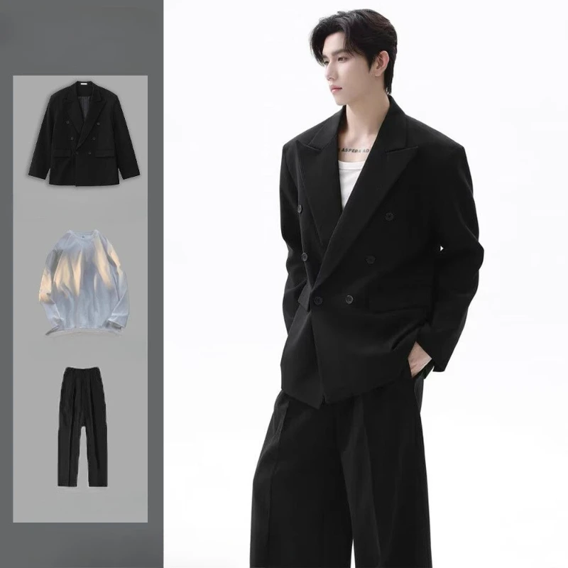 Men's Chinese Style Trendy Double-Breasted Suit Set 2026 Niche Premium Loose Fit Peak Lapel Blazer Jacket Cool Avant-Garde