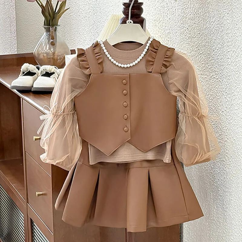 

Girls Clothing Fashion Coffee Color Vest+Long Sleeved Lace Base Shirt+Short Skirt Solid Color Three Piece Set Birthday Leather