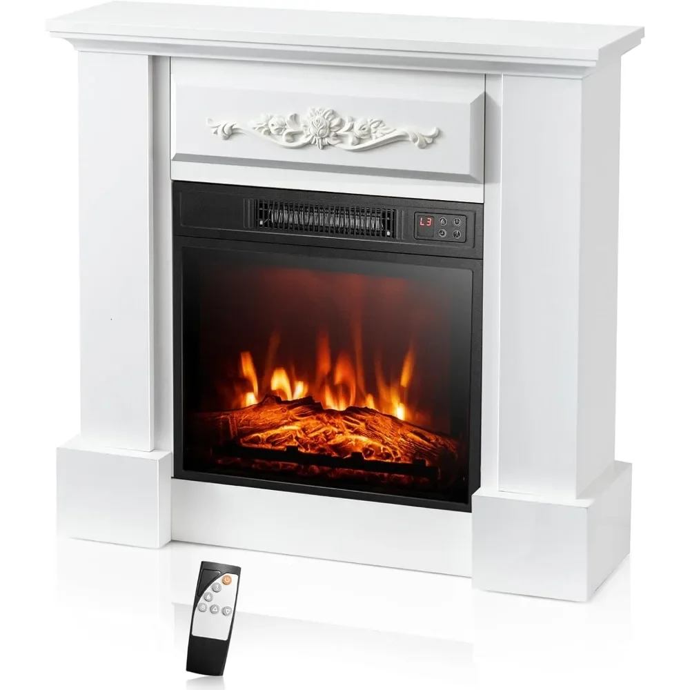 

Electric Fireplace with Mantel, 1400W Freestanding Mantel Fireplace Heater with Remote Control, 3 Flame Brightness, Thermostat