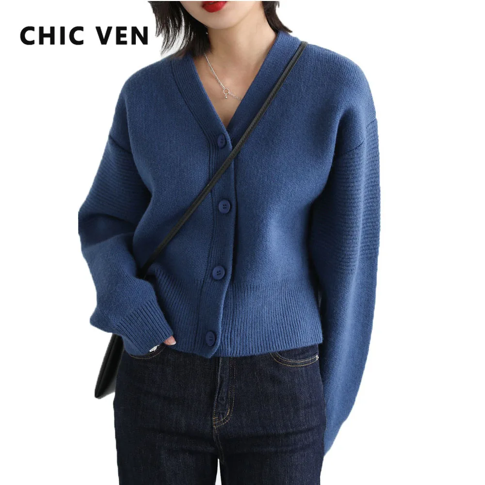 

CHIC VEN Korean Fashion Women Sweater Loose Casual Contract Short V Collar Long Sleeve Cardigan for Woman Top Autumn Winter 2024