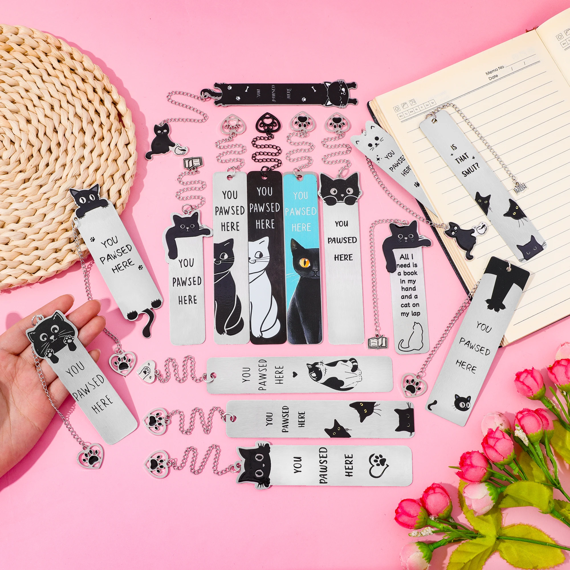 لطيف القط المعادن المرجعية مع القط باو قلادة Kawaii القراءة صفحة علامة كتاب عشاق سلسلة كتاب الملحقات هدية لمحبي القطط