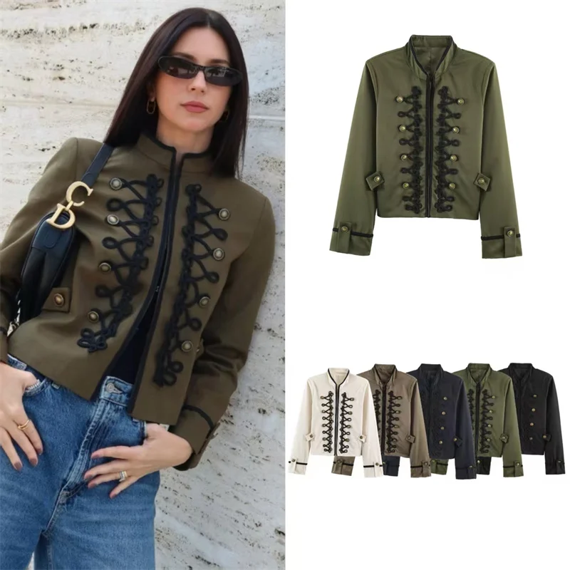 Guobioziy Women's Jacket 2026 Autumn New Solid Color Long-Sleeve Rope Knot Decor Napoleon Knight Style Jacket Parka Trendy