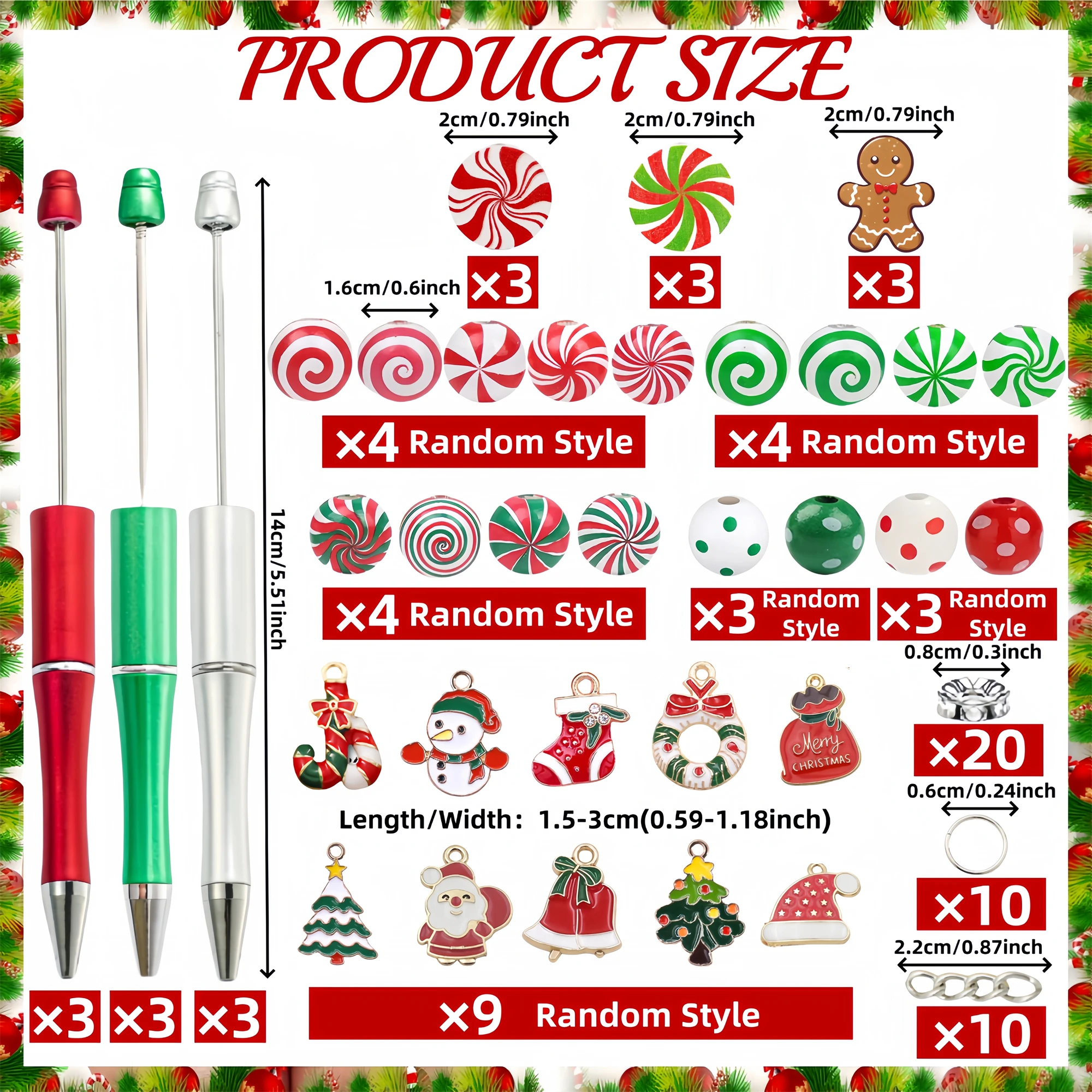 9PCS  Christmas Candy and Gingerbread Man Theme DIY Beaded Ballpoint Pen，with candy and donut shaped wooden beads&alloy pendant