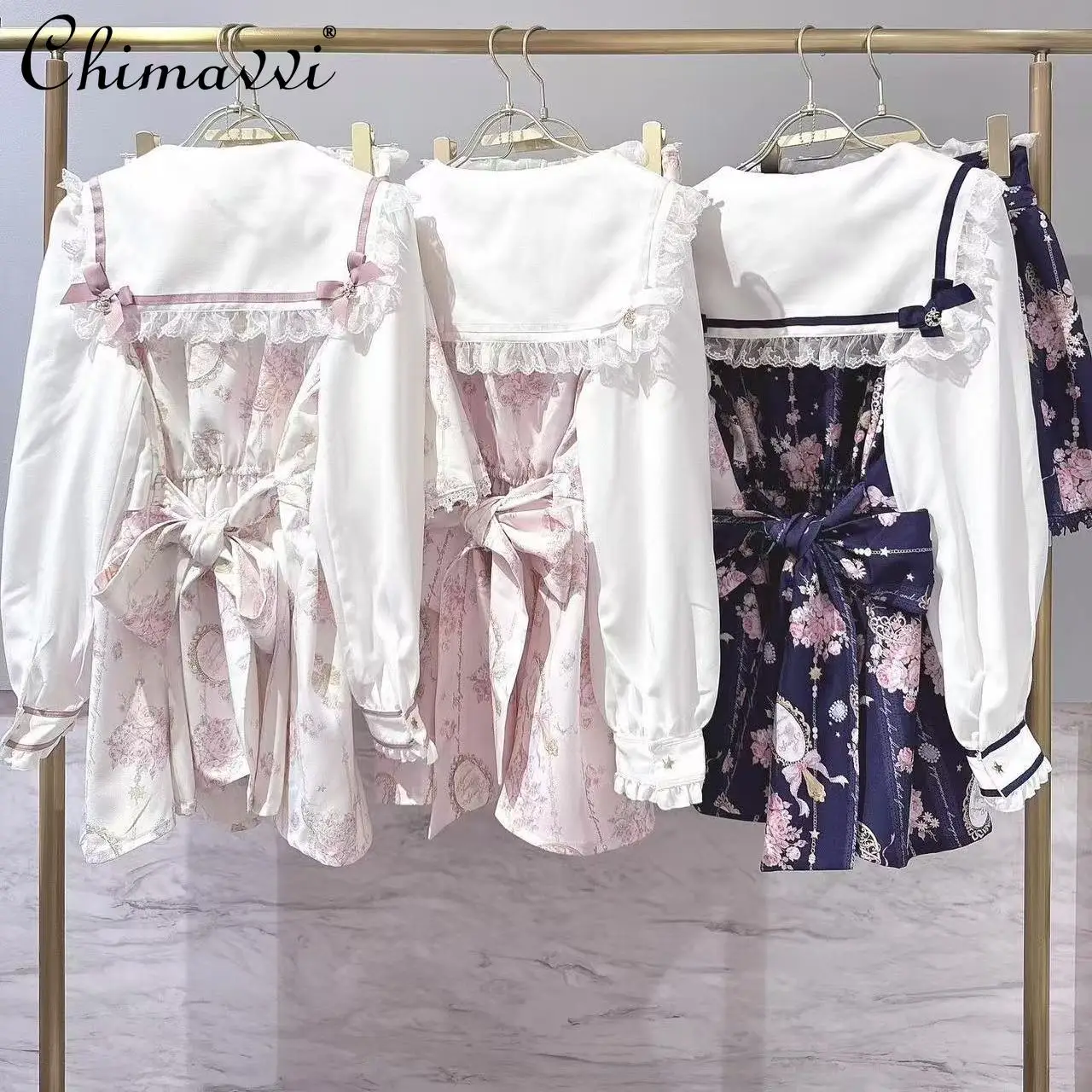 Japanese Liz Star Moon Gem Sailor Collar Dress Set Sweet Girl Long Sleeve Dress Top + Skirt Lolita Princess Two-Piece Set