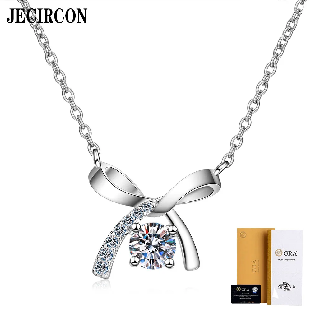 

JECIRCON 925 Sterling Silver Necklace for Women 4 Claws 0.5 Carat Moissanite Bowknot Pendant Simulation Diamond Clavicle Chain