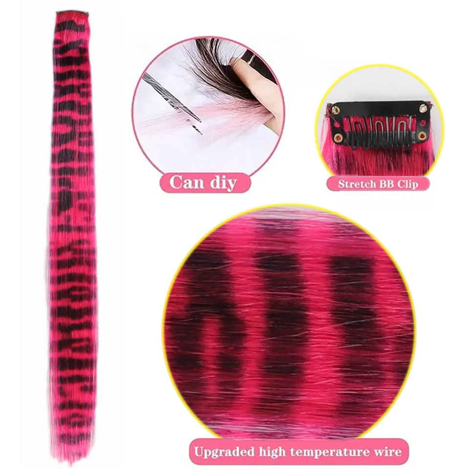 Extensiones de cabello sintético con clip, largas y lacias, con estampado de rayas de colores, para uso diario, fiestas y Halloween 4