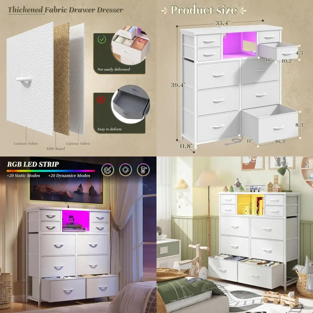 

Тумба для хранения с 10 ящиками, LED-подсветкой и зарядной станцией, прочный комод для спальни или прихожей, размеры: 11.8D x 35.4W x 39.