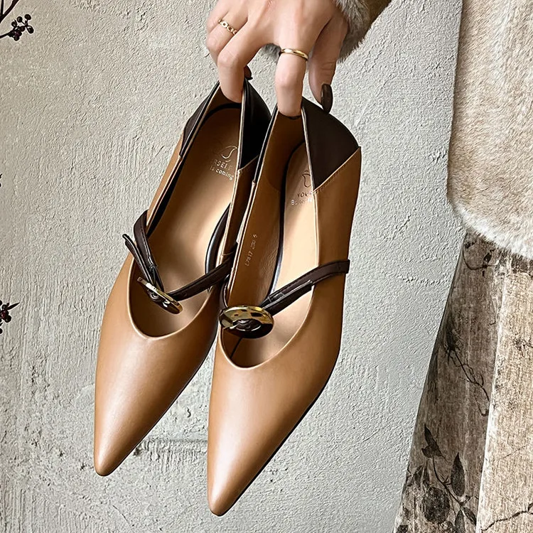 

Chic Apricot Leather Women Mary Jeans Pointed Toe Shallow Spring Single Shoes Pointed Toe Metal Buckle Chains Sapatos Femmes