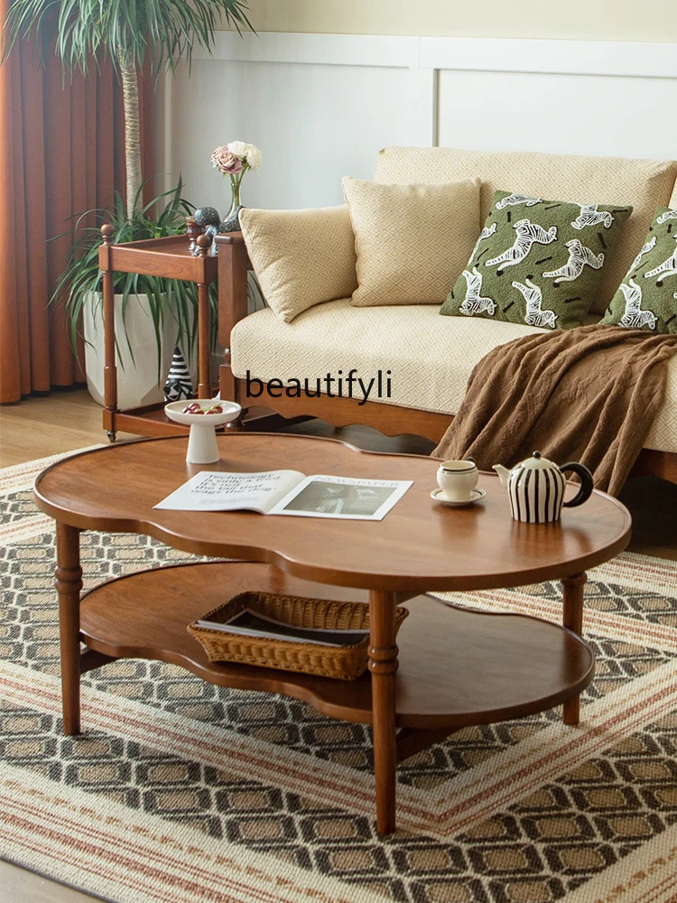 French Retro Cherrywood Solid Wood Double-Layer Coffee Table Small Apartment Simple Oval Tea Table Petal-Shaped Coffee Table