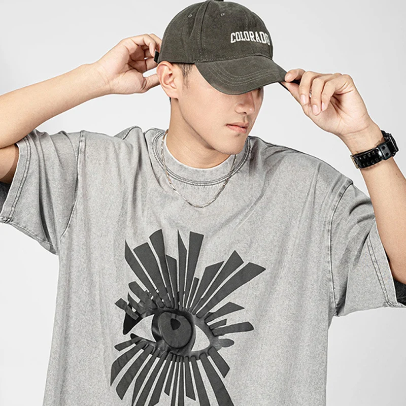 

TFETTERS Brand Western Retro Mens T-shirts Eye Foam Printing 2024 Summer New Fashion T-shirt Man Loose Casual Vintage Clothing