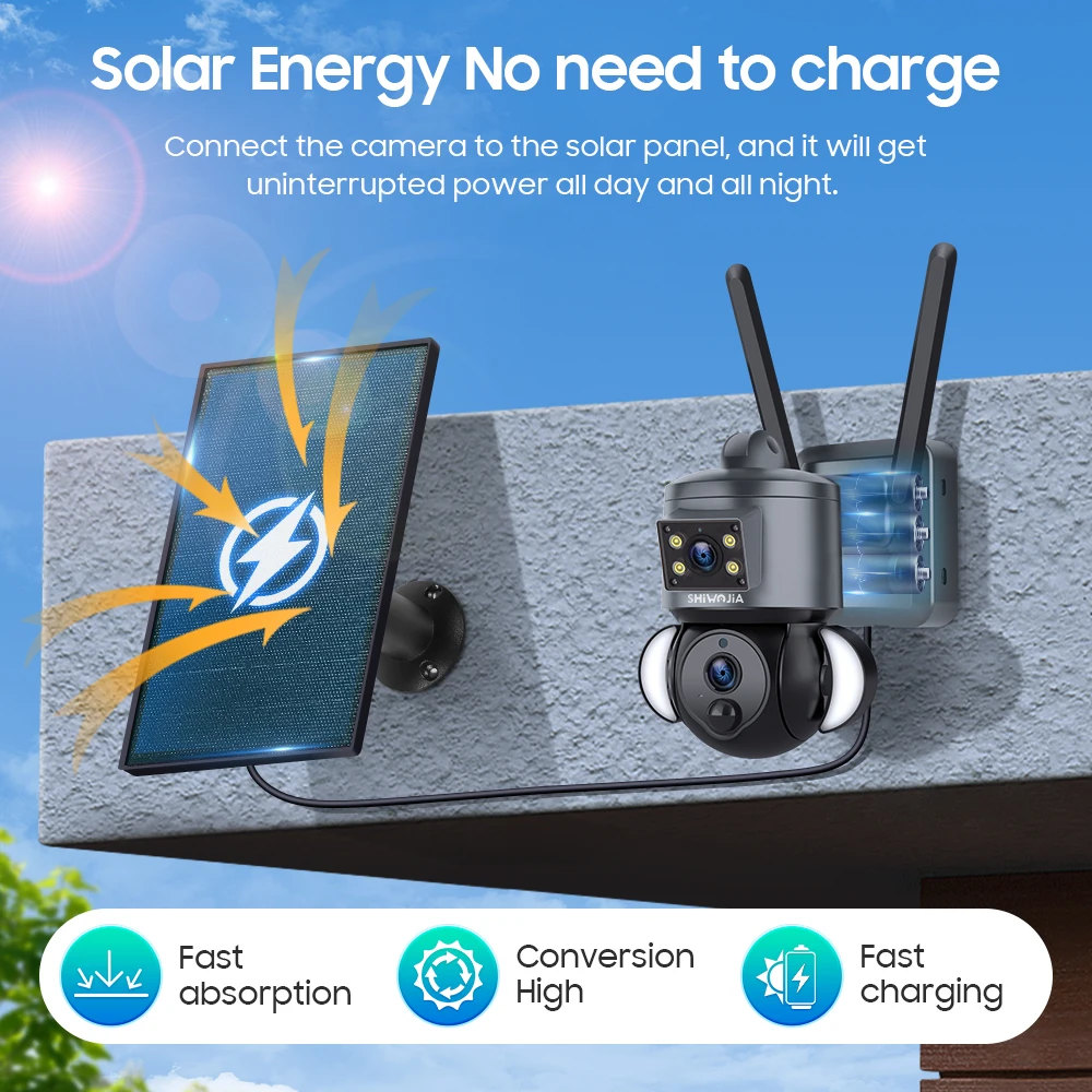 SHIWOJIA AOV 4G Solar Surveillance Camera 4K 8MP Outdoor WiFi Battery Camera Security AOV 24/7 Recording Video PTZ Auto Tracking