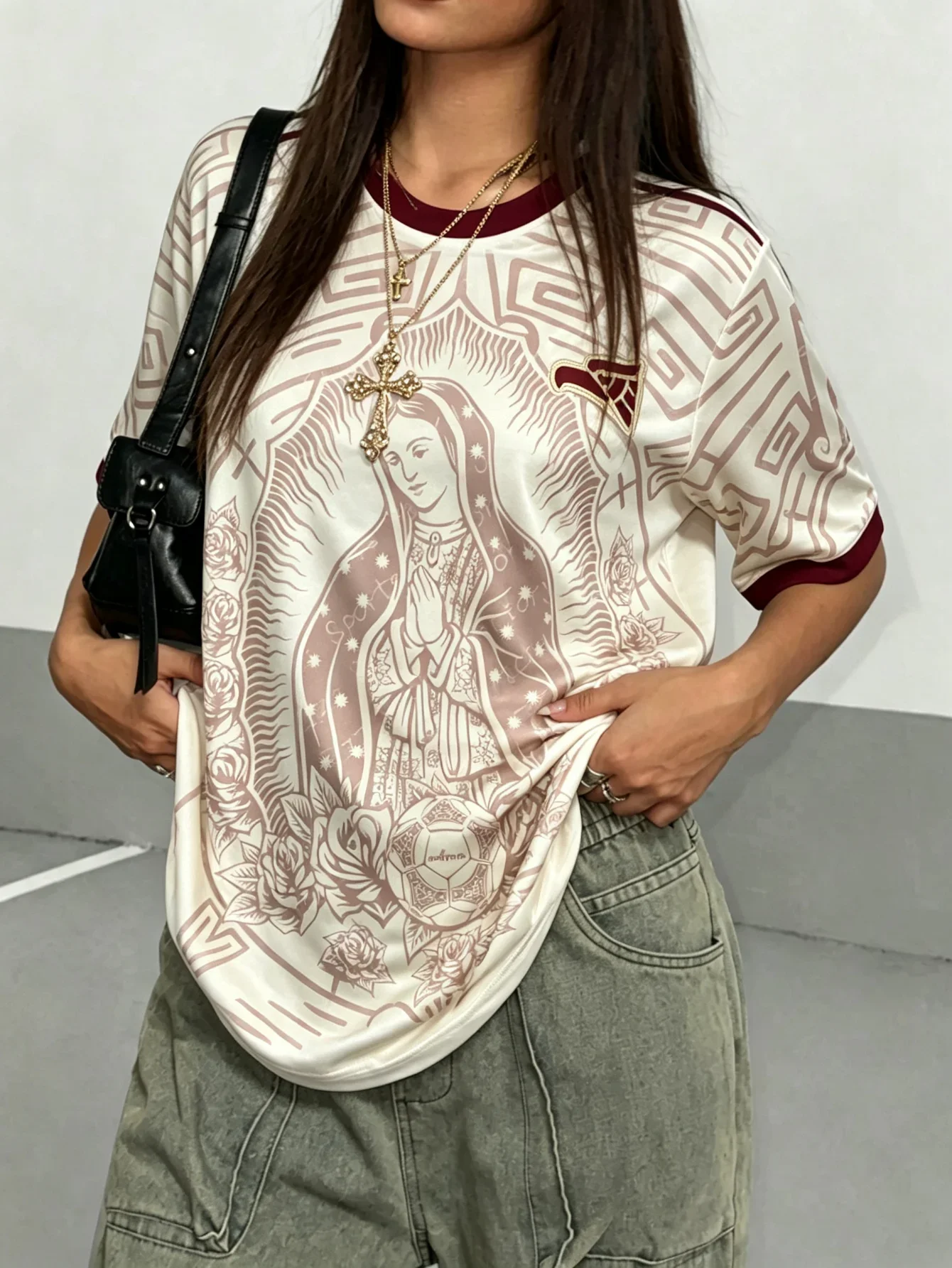 Mexico Y2K Soccer Jersey Virgin Mary Rose Cream Men Women Unisex Graphic Tee Plus Size Standard Size Streetwear Vintage Top