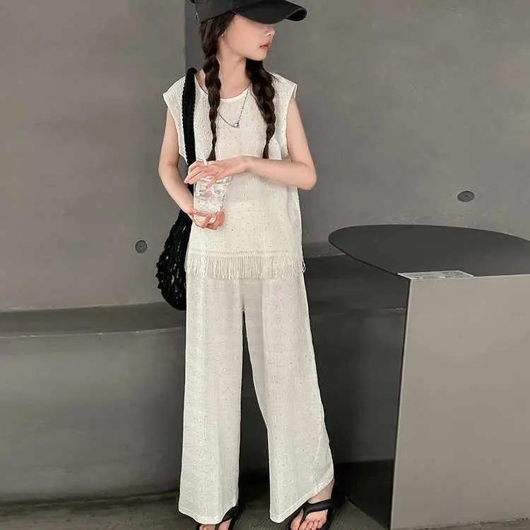 2026 Summer kids teens girls set children White Glitter Tassel Tank t shirt + Wide Leg Pants Two-Piece Outfit 4 8 10 12 year