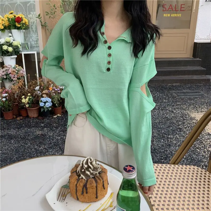 V Neck Striped Y2K Tops Tees Spring Summer New Long Sleeve Hollow Out Loose Button Trend T Shirts Fashion Casual Women Clothing