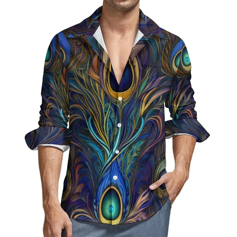 Peacocks Feather Pattern Hawaiian Shirts For Men Animal 3D Printed Blouse Spring Autumn Casual Loose Aloha Shirts Long Sleeves