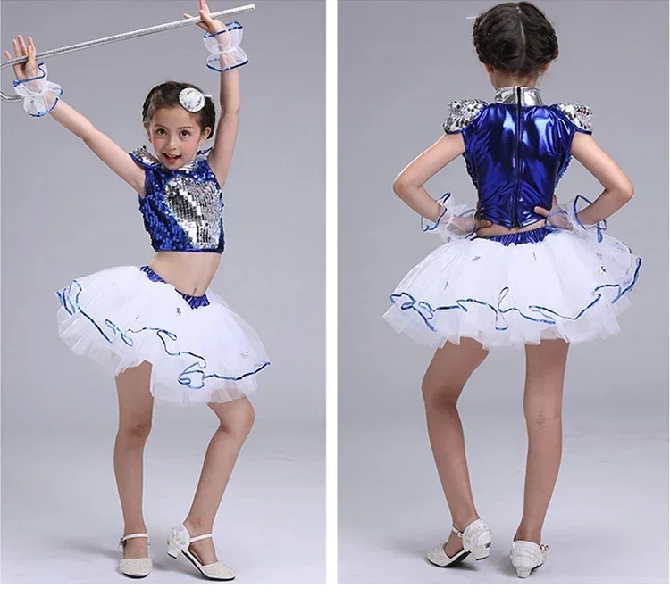 

New Children's Jazz Dance Modern Cheerleading Costumes Hip Hop Boy Girls Crop Top And Pants Sequins Jazz Dance Performance Set