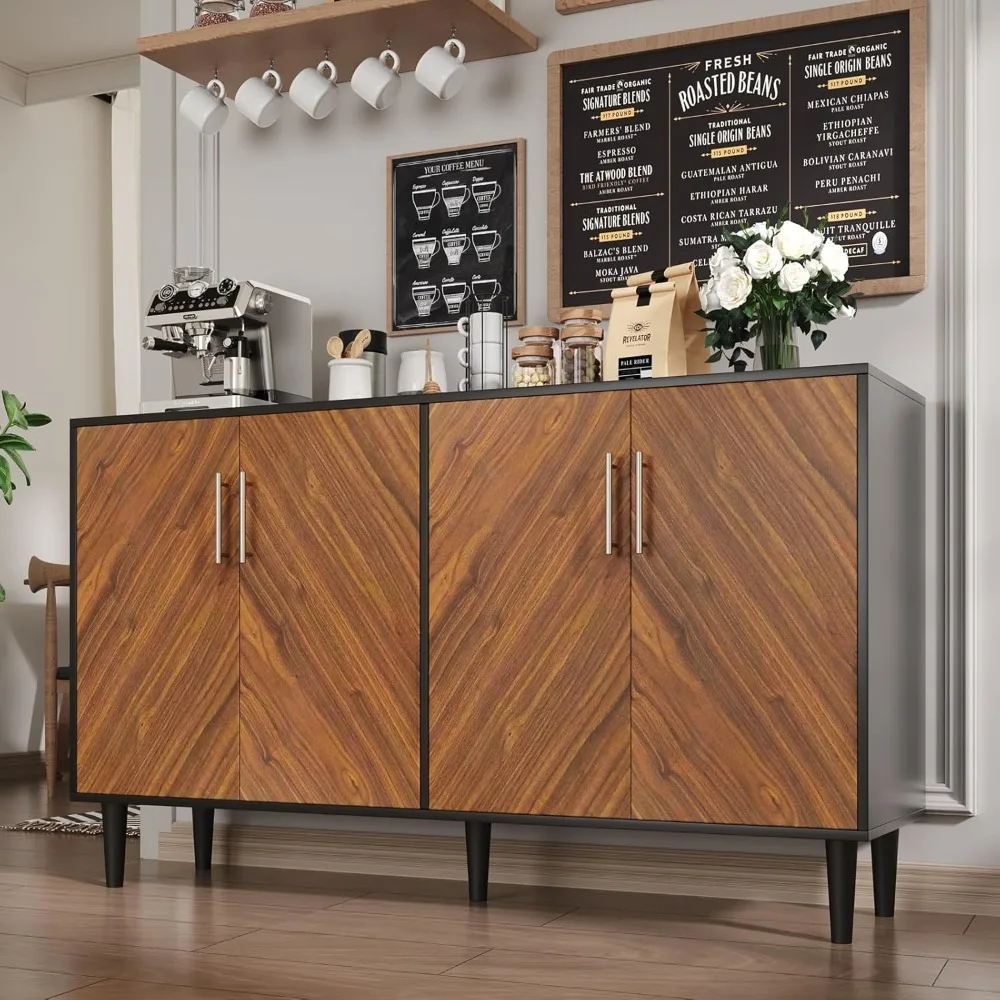 Ever Winner 58 Buffet Cabinet with Storage and Adjustable Shelves, Modern Coffee Bar with 4 Doors for Living Room