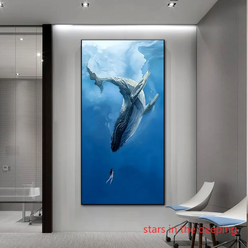 Abstract  Animal Whale and A Girl Blue In Deep Sea Ocean Waves Art Poster Canvas Painting Wall Print Picture for Room Home Decor