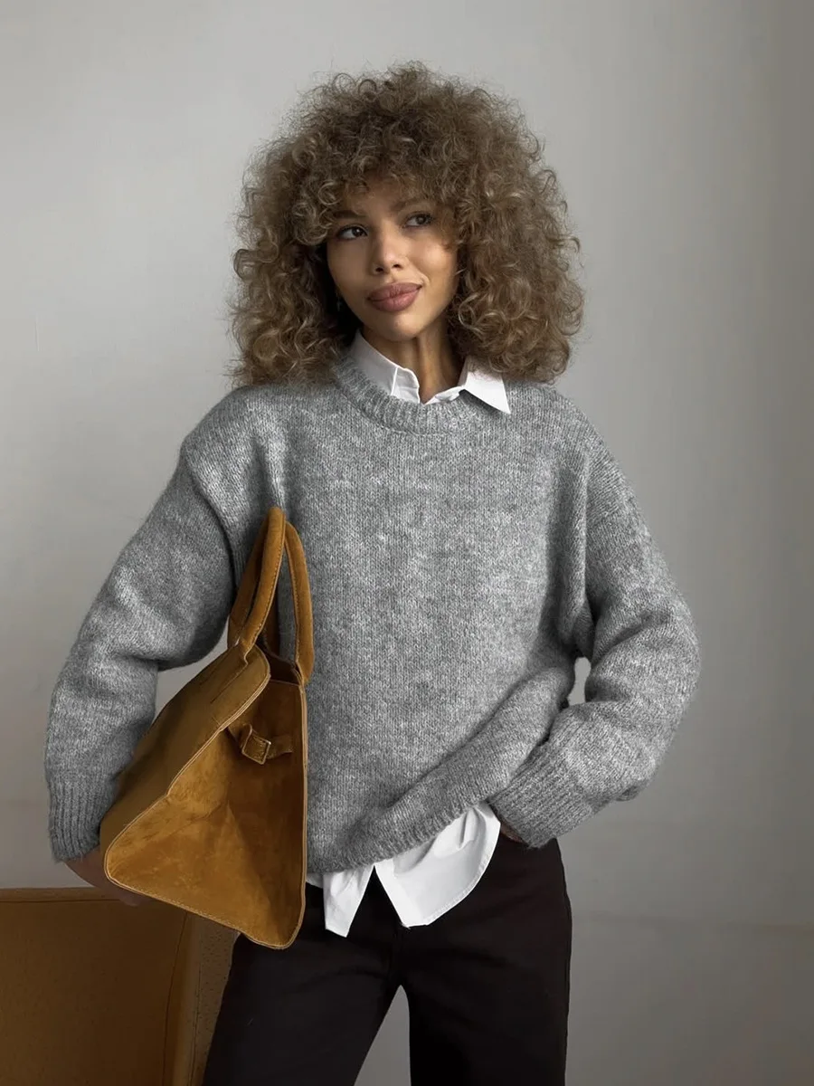 Maglione di lana lavorato a maglia stile pigro Autunno e inverno Donna Dolce sciolto elastico morbido Office Home Casual Maglione a maniche lunghe con scollo a O