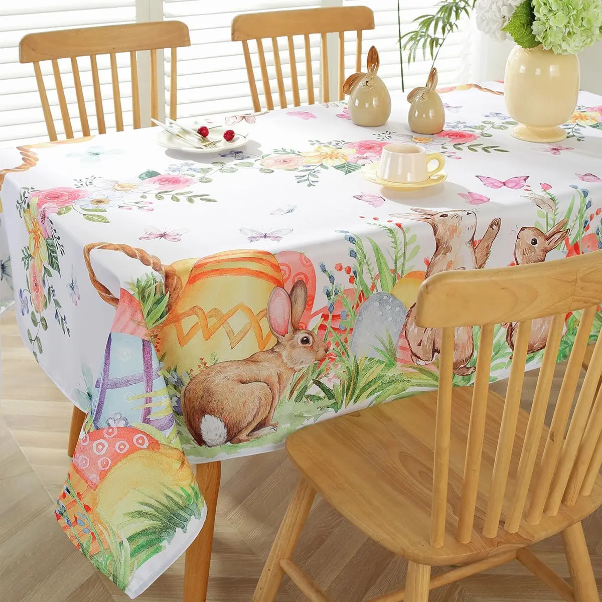 Easter Bunny Eggs Floral Butterfly Waterproof Tablecloths Holiday Party Decor Spring Flowers Plant Table Cover Easter Decoration