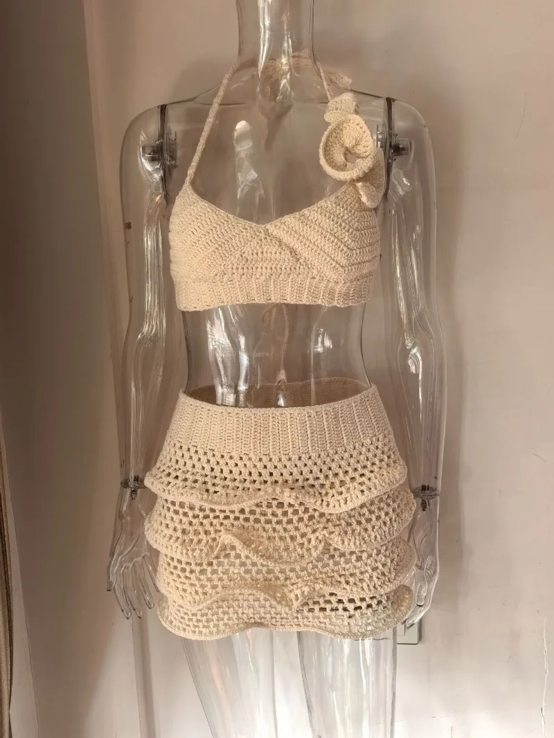 Women Hand Crochet Knitted Ruffles Vacation Beach 2 Piece Set Sexy Lace Up Halter Camis Crop Tops + Mini Skirts Holiday Suits