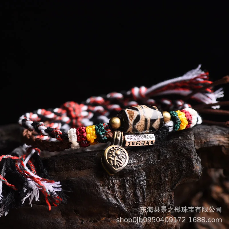 

Hand-Woven Double Tiger Teeth Dzi Agate Bracelet Tibetan Carrying Strap Crafts Fashion Simple Buddha Beads Bracelet Couple