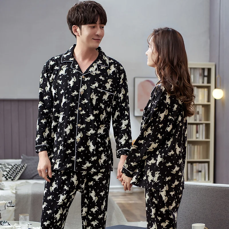 Full Pure Cotton Pajamas Couple Long Sleeved Sleepwear Set Animal Print Pajamas For Men Sleep Top Pants Women Pajamas Set Pijama