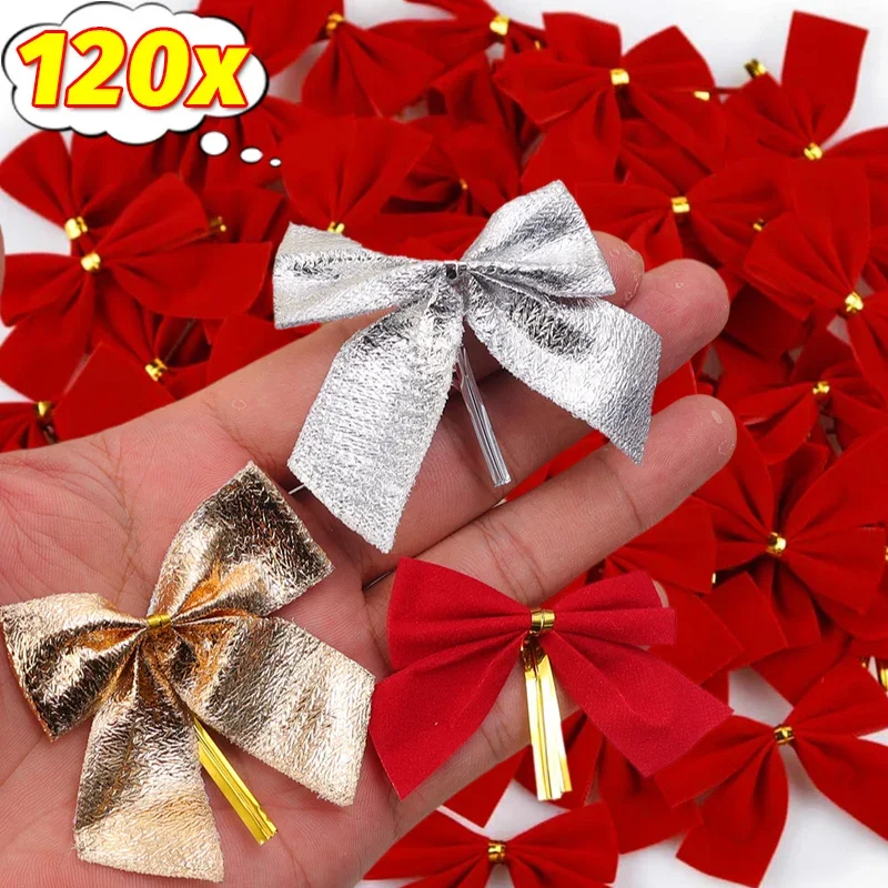 120/12 יחידות מיני קישוטי קשת חג המולד אדומים זהב עץ חג המולד תלייה תלייה DIY אמנות שנה חדשה בית מסיבת קישוט קשת מתנות